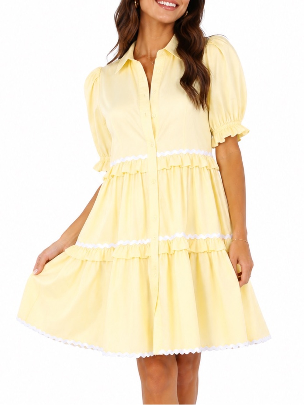 Petal & Pup Shively Puff Sleeve Ruffle Cotton Shirtdress Butter Yellow - Size 8 - Picture 1 of 10